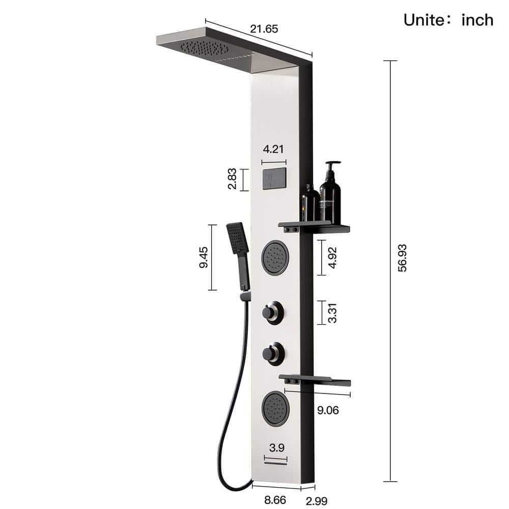 Stainless Steel 2-Jet Rainfall Shower Panel System with Shelf