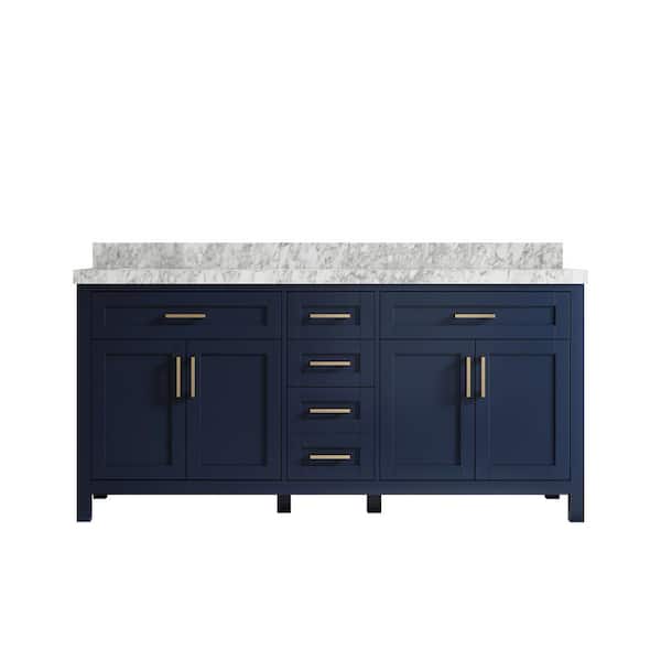 Willow Collections Cambridge 72 in. W x 22 in. D x 36 in. H Double Sink Bath Vanity in Hale Navy Blue with 2 in Carrara Marble Top