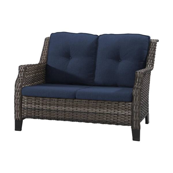 2-Seat Wicker Outdoor Patio Sofa ， Couch with Blue Cushions