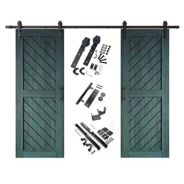 XT2 26 in. x 80 in. C-Panel Royal Pine Slanted Stripe Design Double Pine Wood Sliding Barn Door with Hardware Kit