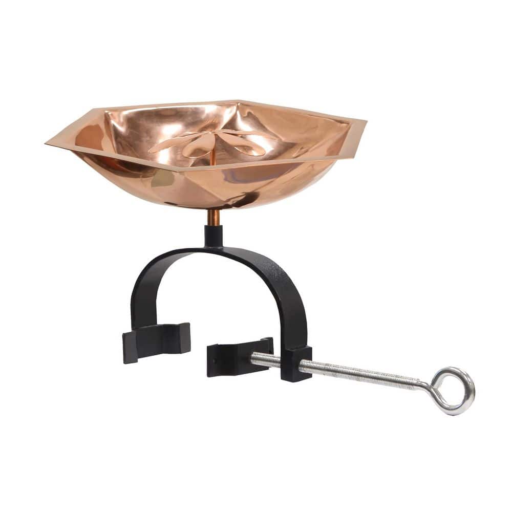 ACHLA DESIGNS 15 in. L Round Copper Plated Finish Stainless Steel Bee Fountain and Birdbath w/ Wrought Iron Over Rail Bracket