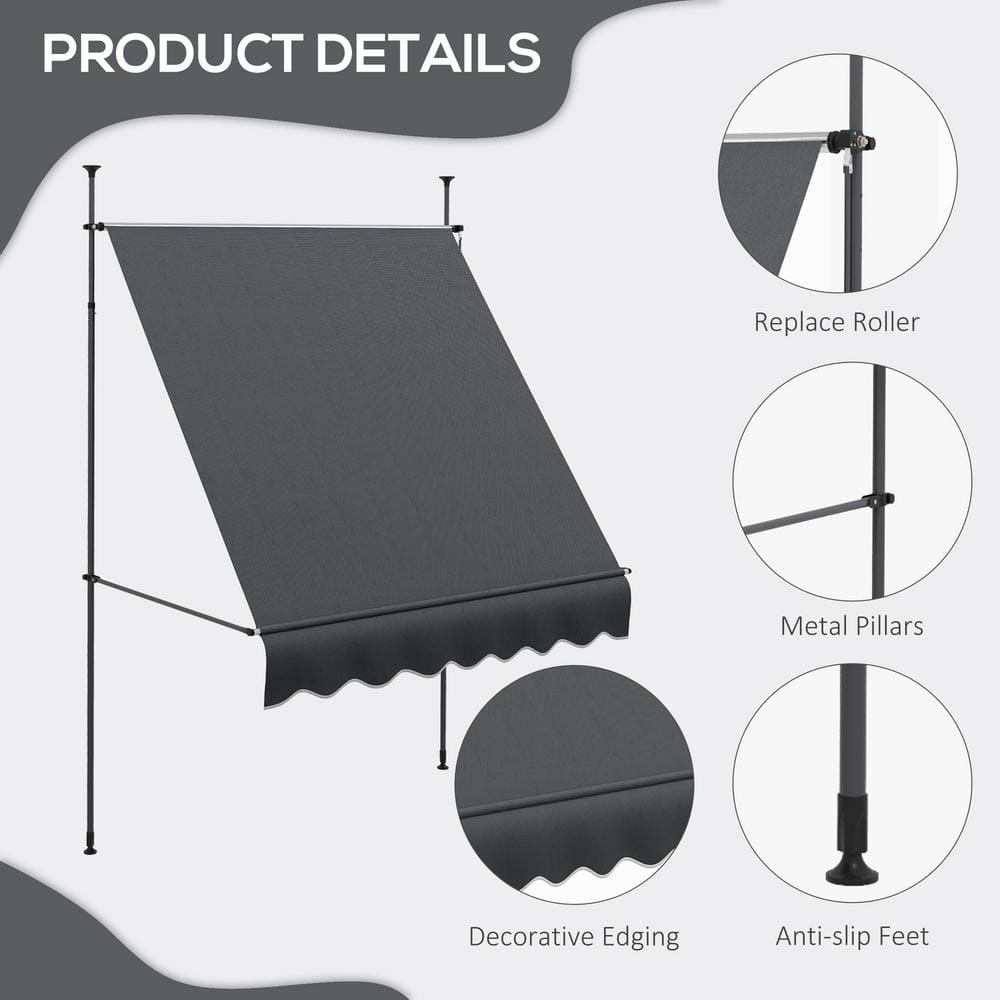 Dark Gray Polyester Retractable Patio Awning with Ruffled Edge