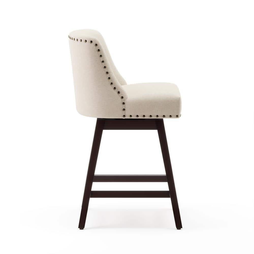 Off-White Linen Upholstered Swivel Counter Stools with Wood Legs, Set of 3