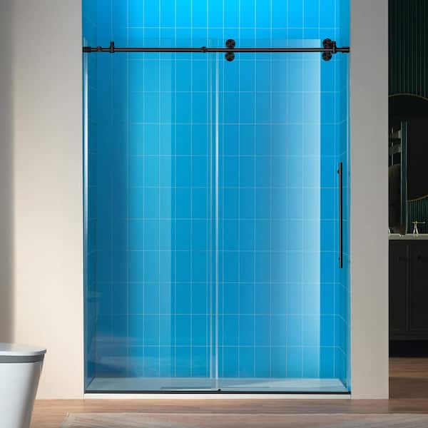 60 in. W x 80 in. H Sliding Frameless Shower Door in Matte Black Finish with 3/8 in. Clear Glass