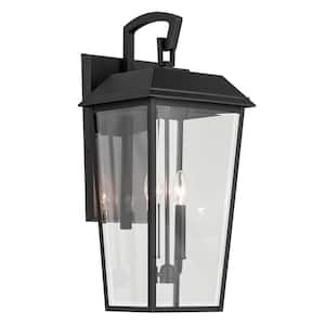 Mathus 24.25 in. 2-Light Textured Black Traditional Outdoor Hardwired Wall Lantern Sconce with No Bulbs Included