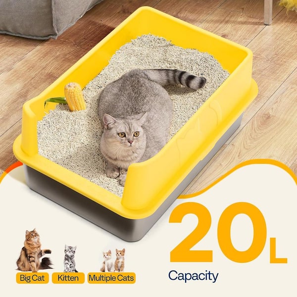 VIVOHOME Extra Large Steel Cat Litter Box with Lid Litter Mat and Scoop in Yellow