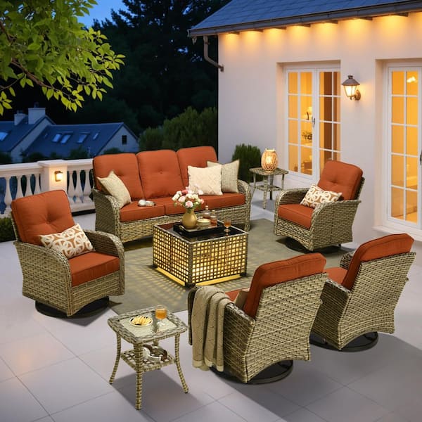 Beverly Gray 8-Piece Wicker Patio Conversation Sofa Seating Set with Swivel Chairs and Orange Red Cushions