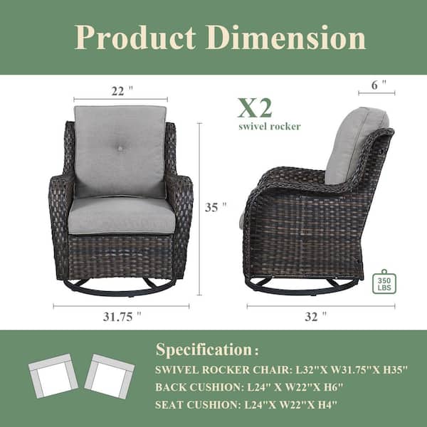 4-Piece Set Outdoor Swivel Brown Wicker Outdoor Rocking Chair with CushionGuard Gray Cushions