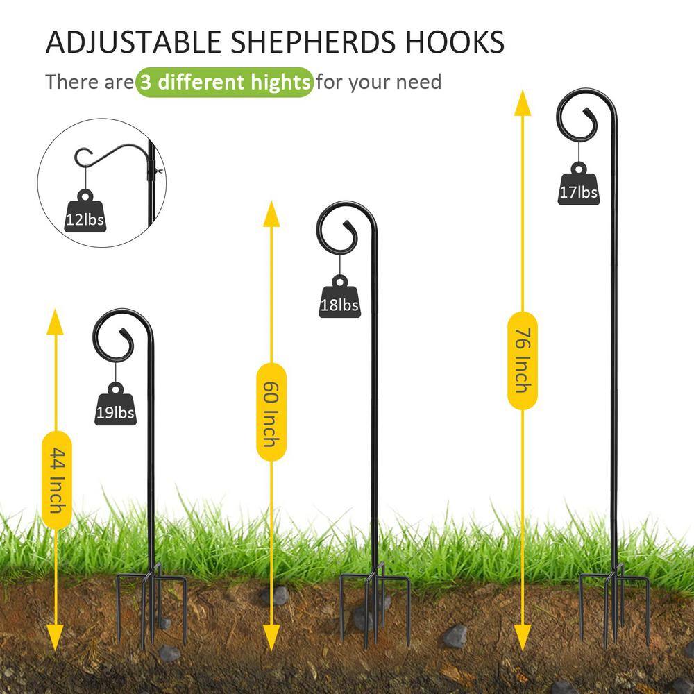 76-Inch Black Metal Outdoor Shepherd Hook with Adjustable Height