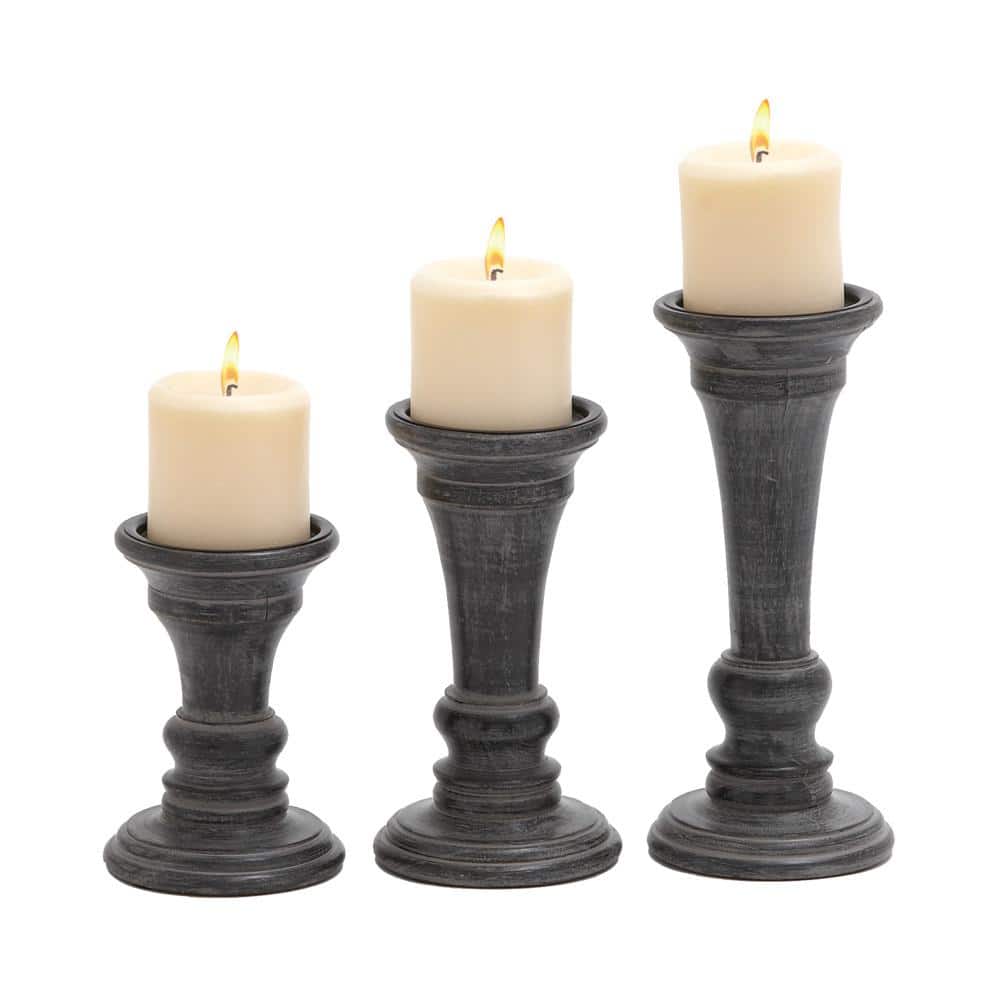 Black Mango Wood Ridge Embellished Candle Holders, Set of 3