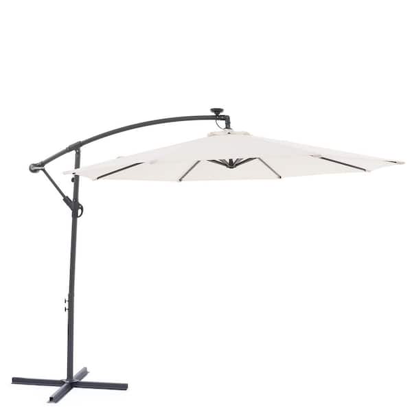 10 ft. Patio Offset Solar LED Umbrellas 50 Plus UV Protection Cantilever Outside Umbrellas, Beige