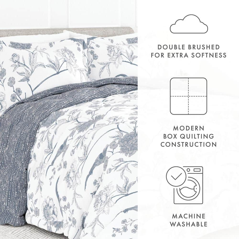 Light Blue Floral Down Alternative Reversible Comforter Set, Full
