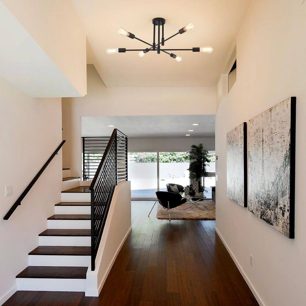 27.56 in. Mid-Century Modern Black Semi-Flush Mount 6 Light Sputnik Ceiling Light for Bedroom, Kitchen, Hallway, Foyer price history on PriceWatchPro