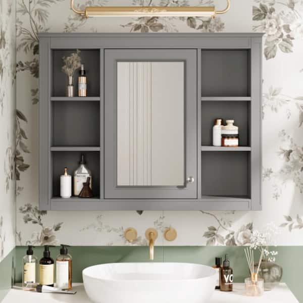 35 in. W x 27.5 in. H Rectangular Waterproof MDF, Grey Bathroom Medicine Cabinet with Mirror w/6-Open Adjustable Shelves