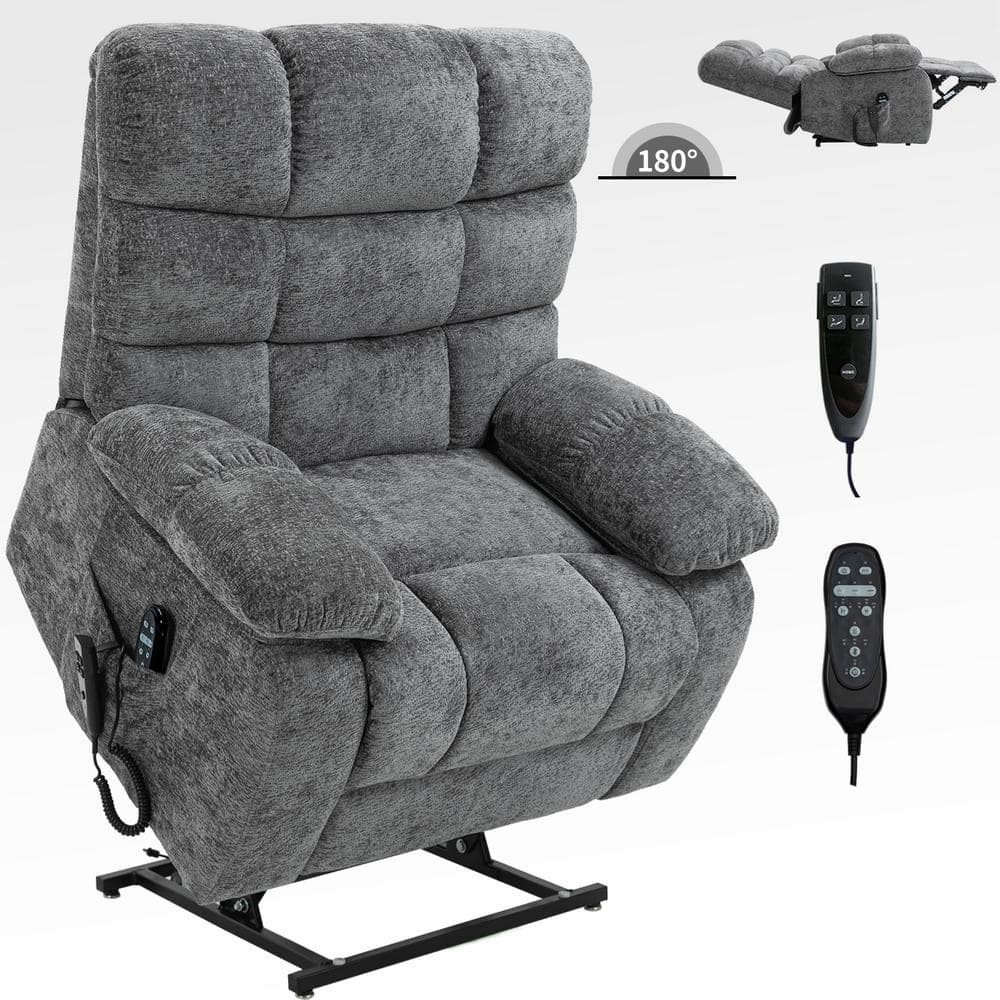 Grey Dual Motor Chenille Lift Recliner Heat Massage Infinite Position with 