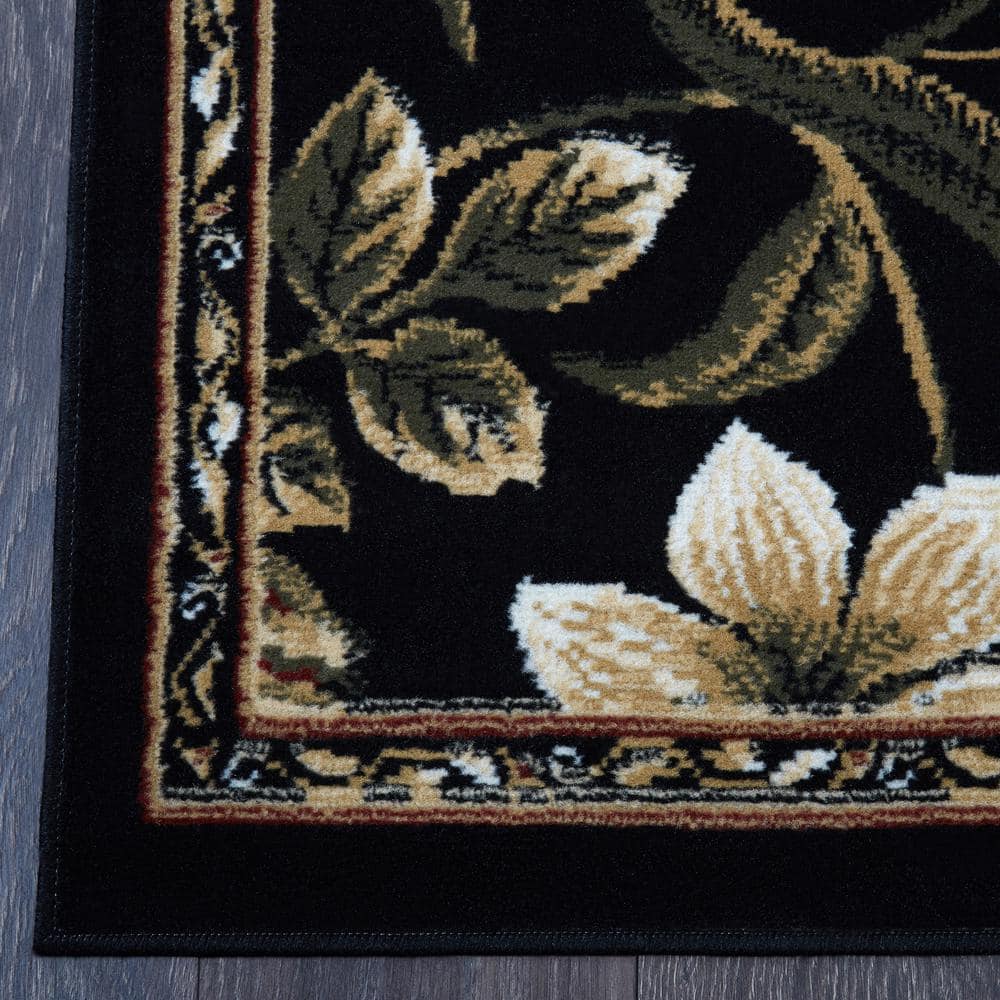 Black Floral Reversible Washable Synthetic Area Rug, 7'8" x 10'4"