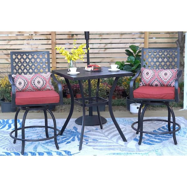 PHI VILLA 3-Piece Metal Square Outdoor Bistro Patio Bar Set with Slat Bar Table and Swivel Bistro Chairs with Red Cushion