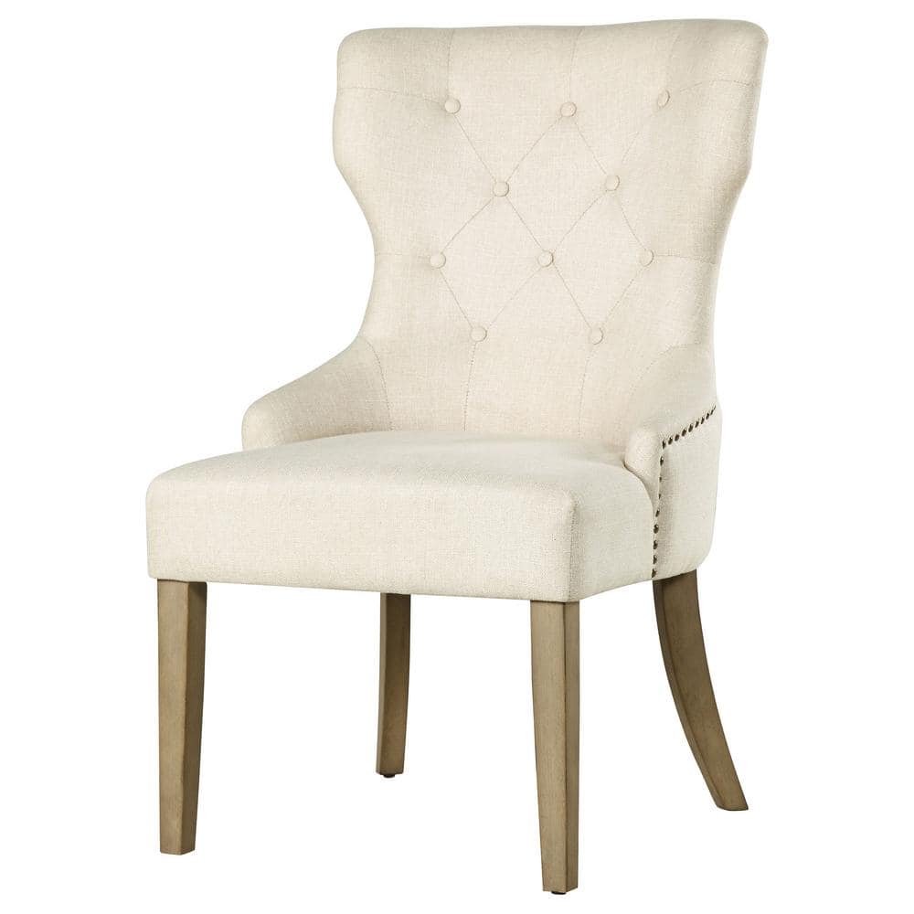Beige Linen Upholstered Tufted High Back Side Chair