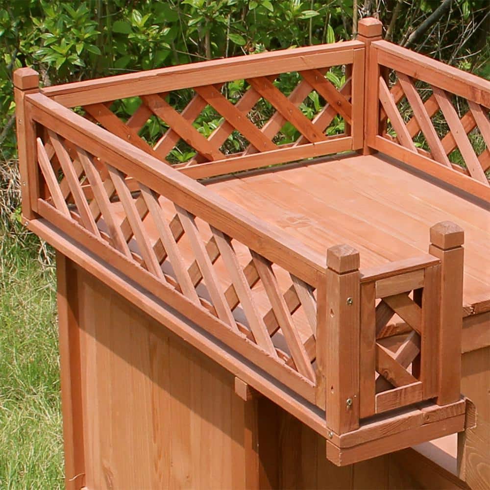 Small Cedar Stain Wooden Dog House with Rooftop Balcony