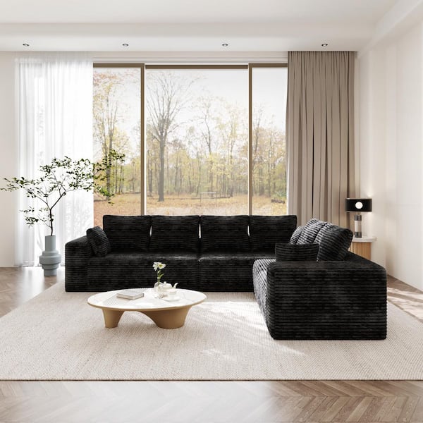134 in. 3-Piece Black Corduroy Fabric L-Shape Modular Boneless Sectional Sofa with Chaise Longue, Pillows