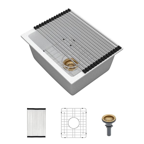 15 in. Quartz Undermount Single Bowl Kitchen Bar Sink in White with Bottom Grid