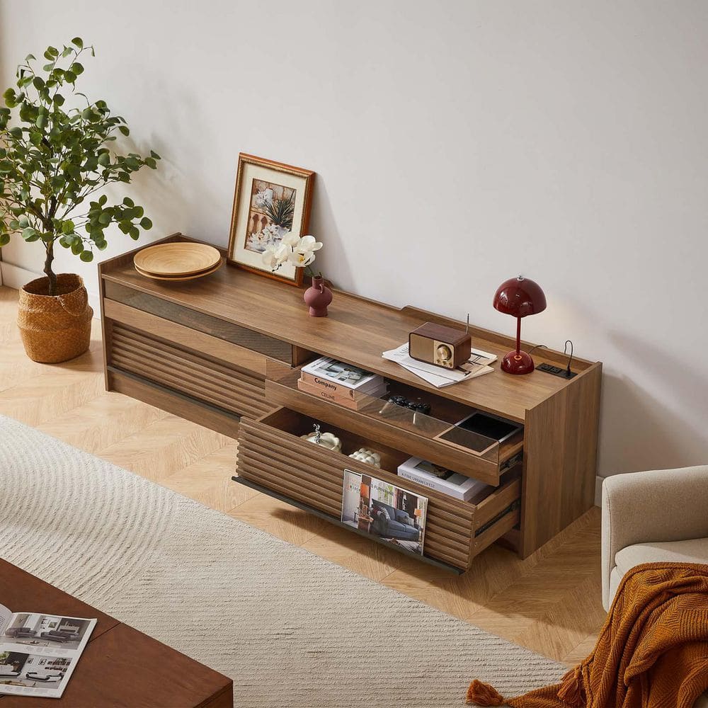 Walnut MDF Modern TV Stand Entertainment Center with 4-Drawers and LED Ligh