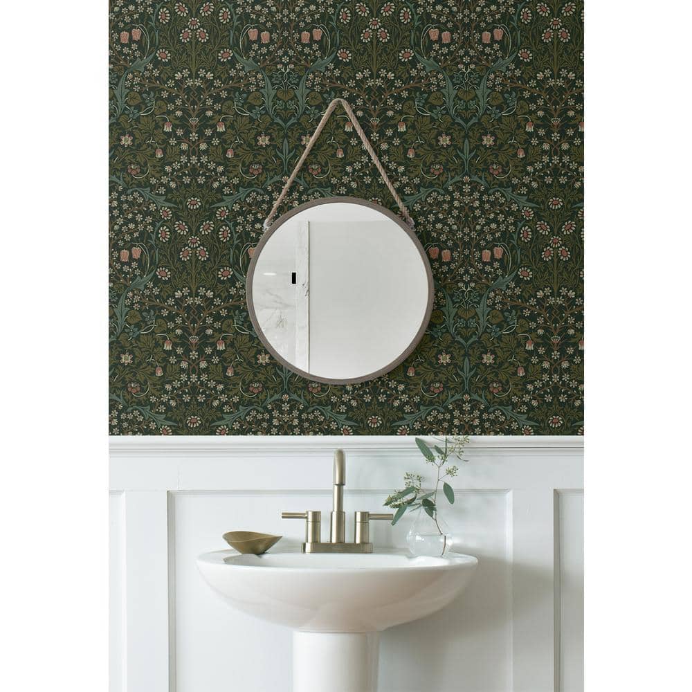 Victorian Garden Green Damask Self-Adhesive Peel and Stick Wallpaper