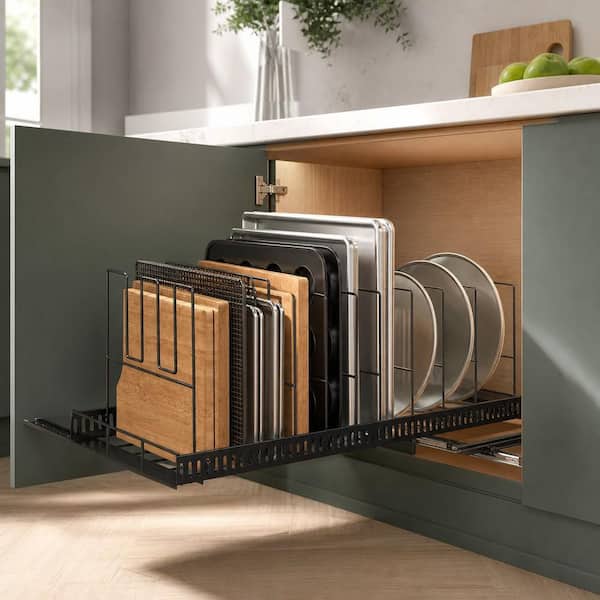 Carbon Steel Pull-Out Bakeware Organizer with Expandable Adjustable Dividers, Slide Rail Design, Rust Resistant, Black