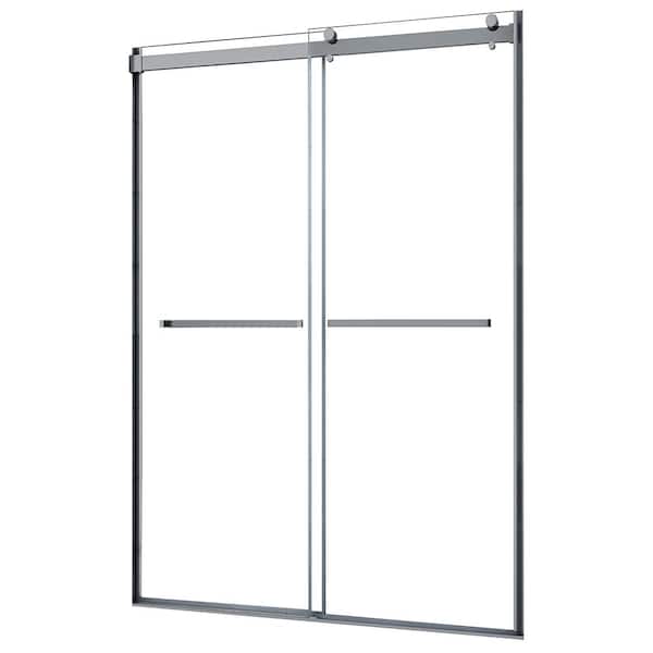 CRAFT + MAIN Lagoon 47 in. W x 76 in. H Sliding Semi-Frameless Shower Door in Brushed Nickel with Clear Glass and Horizontal Handles