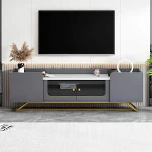 Modern Grey TV Stand Fits TV's up to 70 in. with Fluted Glass, Gold Frame Base