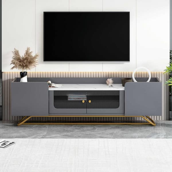 Polibi Modern Grey TV Stand Fits TV's up to 70 in. with Fluted Glass, Gold Frame Base