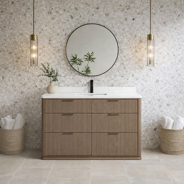 Aria 48 W x 22 in D x 34.5 H Single Bath Vanity in Smoked Oak with Engineered Quartz Top in White with White Basin