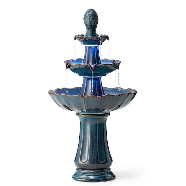 45 in. H Outdoor Oversized Turquoise 3-Tiered Pedestal Lotus Textured Ceramic Floor Fountain with LED Light