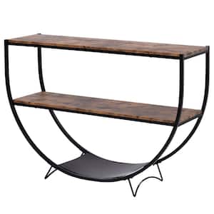 Rustic Industrial Design 48 in. Distressed Brown Demilune Shape Wood Console Table With 2 Shelves, Metal Sofa Table