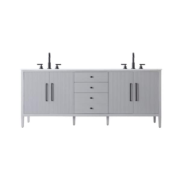 84 in. Double Sink Grey Bath Vanity with White Engineered Marble Top