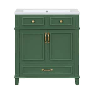 30 in. W Single Sink Freestanding Bath Vanity in Green with White Resin Top