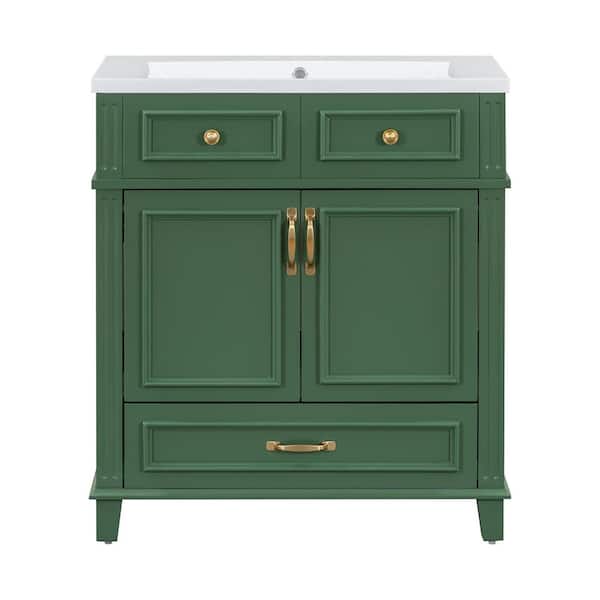 JimsMaison 30 in. W Single Sink Freestanding Bath Vanity in Green with White Resin Top