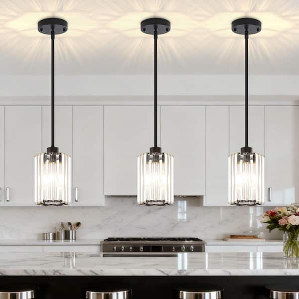 1-Light Black Modern Crystal Hexagonal Pendant Light for Kitchen Island (3-Pack)