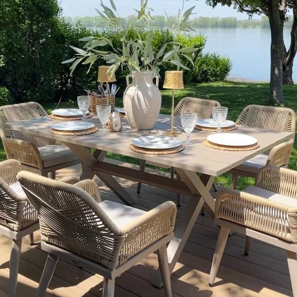 7-Piece Aluminum All-Weather PE Rattan Rectangular Outdoor Dining Set with Cushion, Champagne