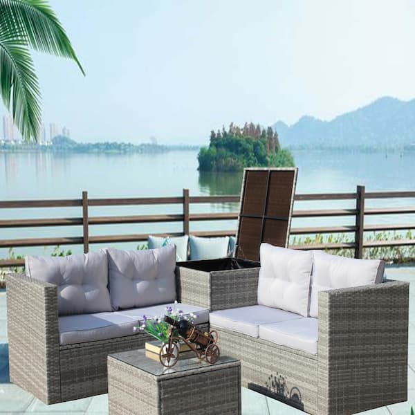 Unbranded 4 Piece Wicker Outdoor Furniture Sofa Set Patio Sofa Set Sectional Sofa Set with Storage Box with Gray Cushions Gray
