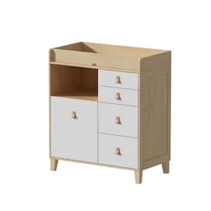 Burly Wood Grain and White 5-Drawer 33.5 in. W Large Wooden Nightstand with Top Storage Surface and Open Shelf