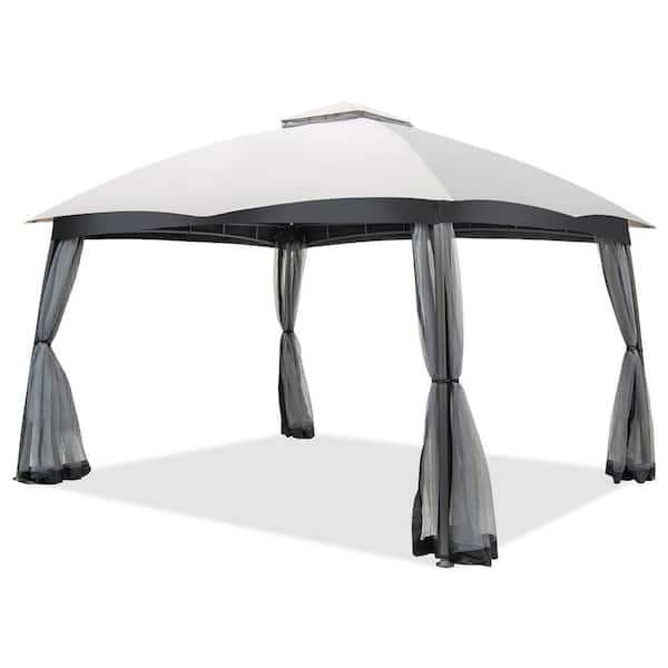 Costway 10 ft. x 12 ft. 2-Tier Grey Patio Gazebo Canopy Netting Heavy-Duty Metal Easy-Setup Outdoor