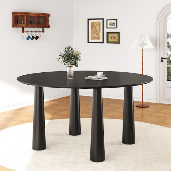 Rustic Space-Saving Black Round Top Wood 59 in. 4-Legs Base Dining Table Seats 6 for Dining Room and Kitchen