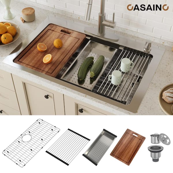 33 in. Drop-In 2-Hole Single Bowl 18 Gauge Stainless Steel Workstation Kitchen Sink with Accessories, cUPC Certified