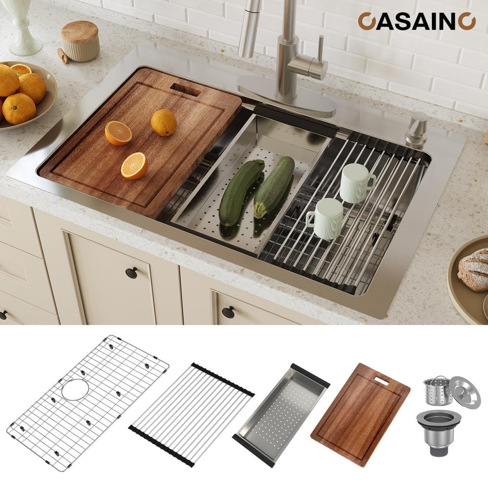 33'' Brushed Stainless Steel Single Bowl Kitchen Sink with Accessories