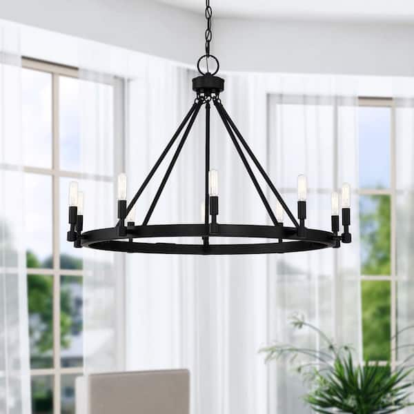 Fiora 10-Light Black Minimalist Wagon Wheel Chandelier for Dining Areas with No Bulbs Included