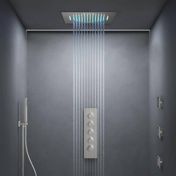AuroraCascade LED Shower System 15-Spray Ceiling Mount 20 in. Fixed 3 Jets Handheld 2.5 GPM in Brushed Nickel