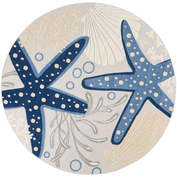 Nourison Aloha Blue/Gray 8 ft. x 8 ft. Round Nautical Contemporary Indoor/Outdoor Patio Area Rug