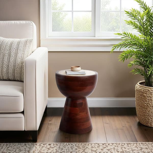 Liv & Skye 13 in. Brown Round Wood Hourglass Stone Top End Table