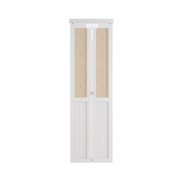 24 in. x 80 in. Half Cane Webbing & Wood Half Solid Core White PVC Covering MDF Bi-fold Doors with Locks and Handles